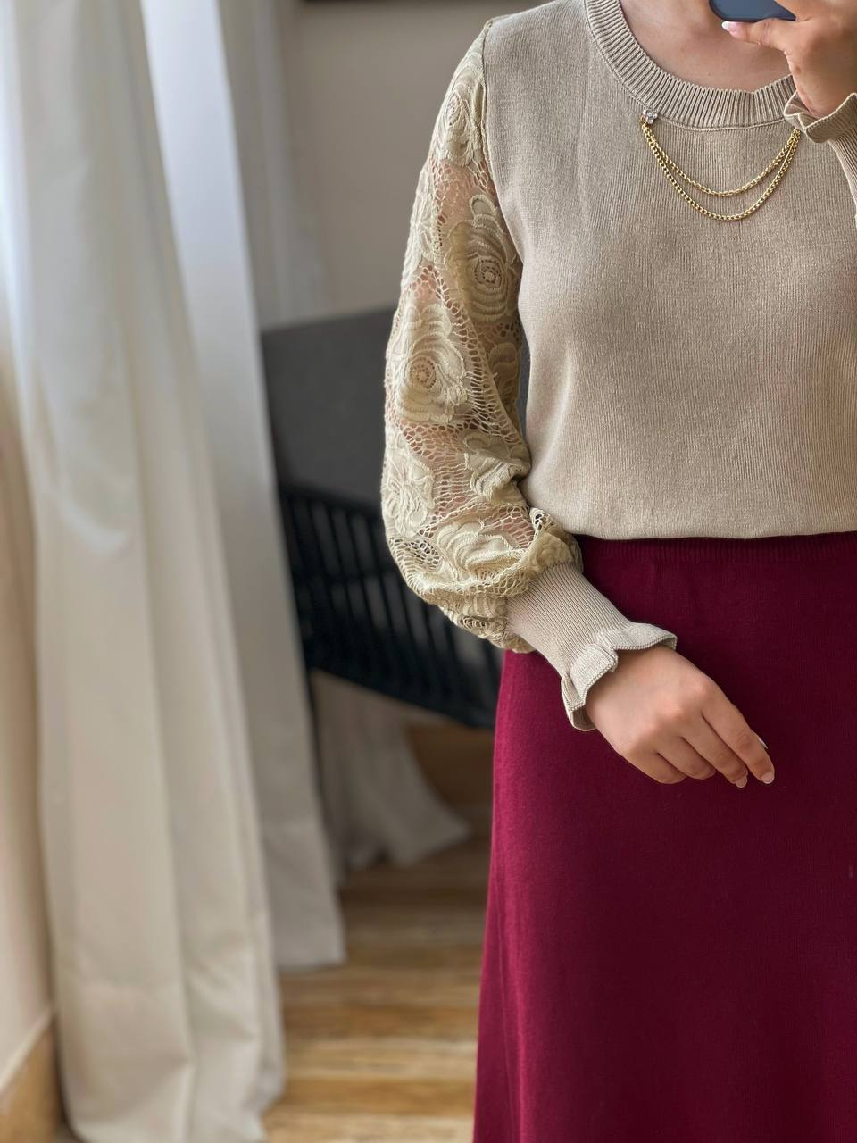 پلیور بافت آستین گیپور کد 3023