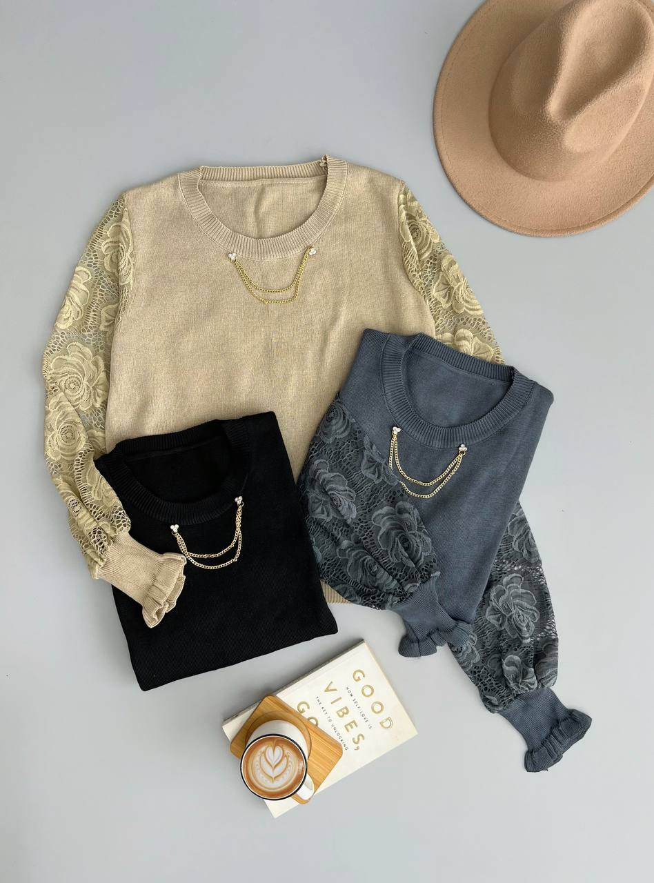 پلیور بافت آستین گیپور کد 3023