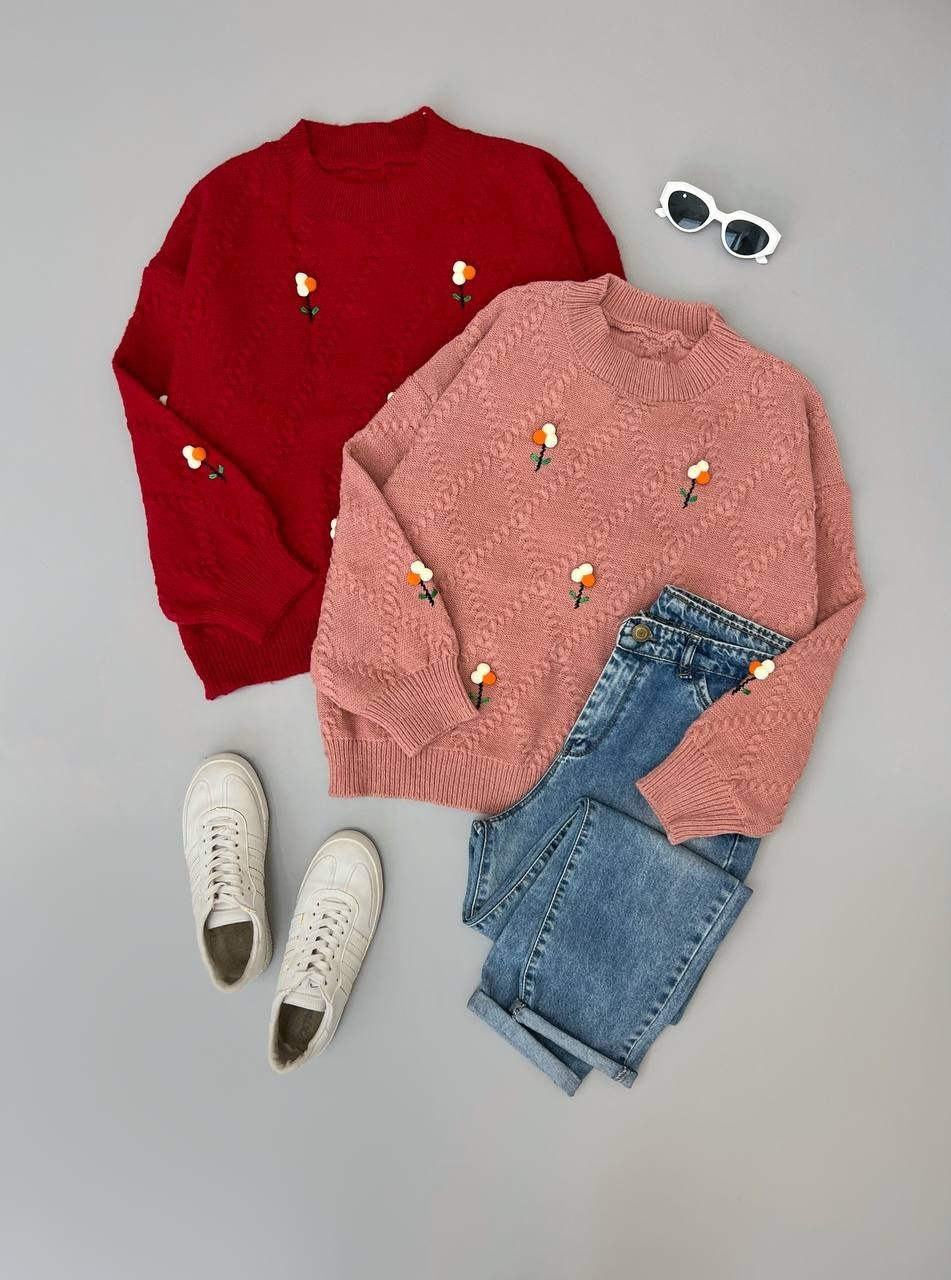 پلیور بافت گلدوزی گل برجسته کد 3027