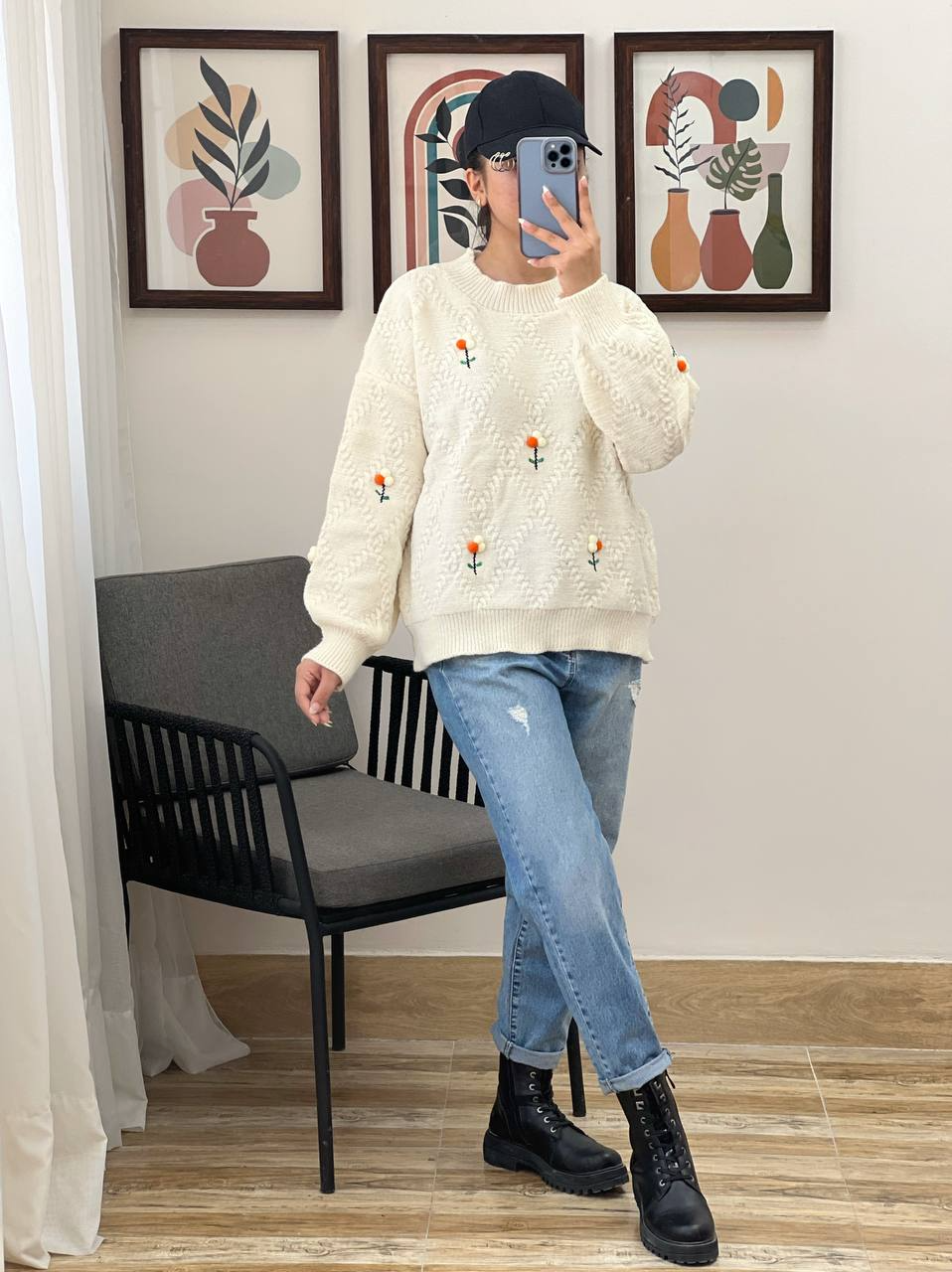 پلیور بافت گلدوزی گل برجسته کد 3027