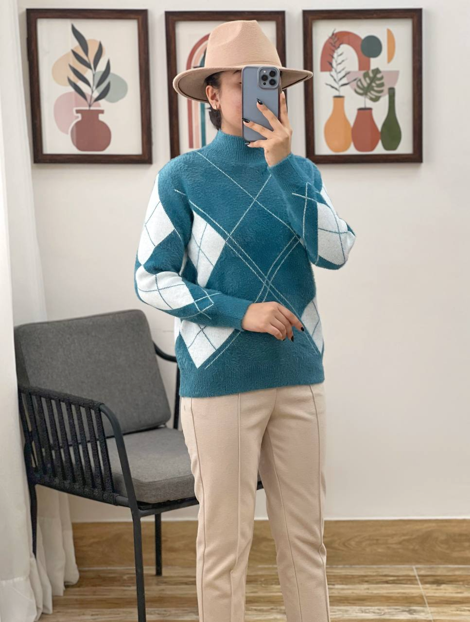 پلیور بافت موهر دار لوزی کد 3041