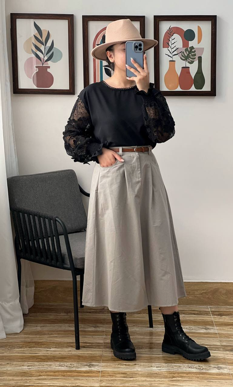 دامن کتان پیلی دار بهمراه کمربند کد 3054