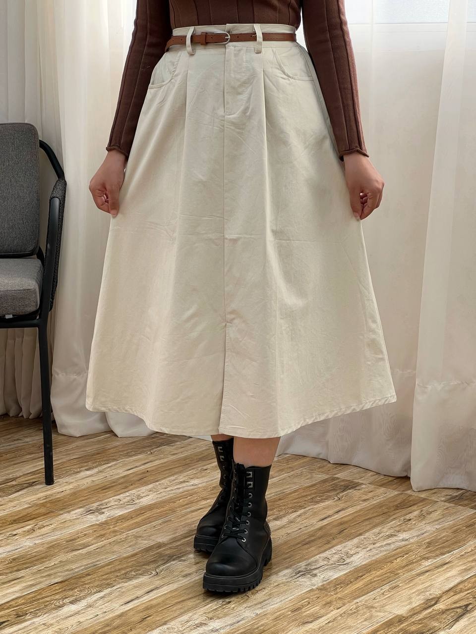 دامن کتان پیلی دار بهمراه کمربند کد 3054