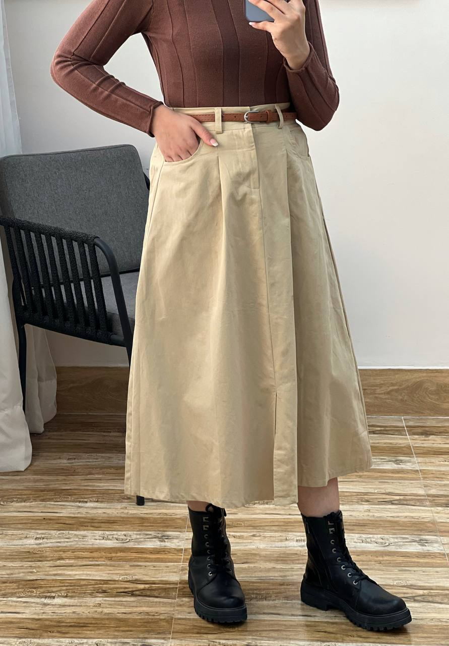 دامن کتان پیلی دار بهمراه کمربند کد 3054