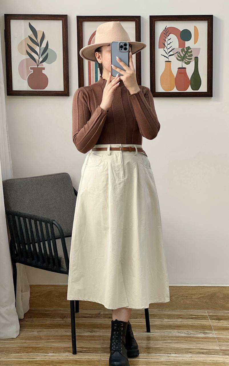 دامن کتان پیلی دار بهمراه کمربند کد 3054