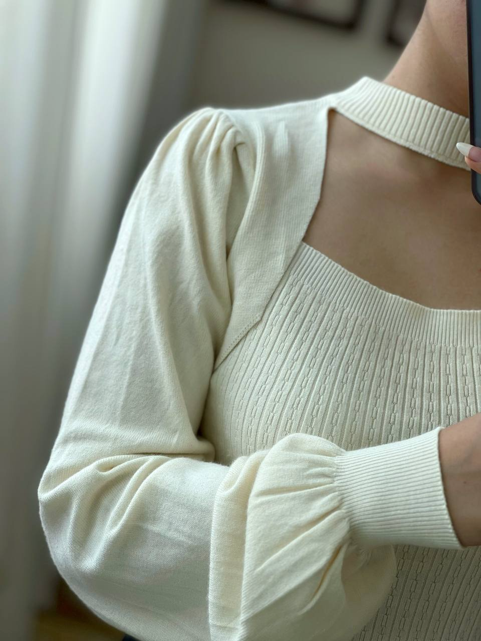 پلیور بافت آستین پف سرشانه چین کد 3059