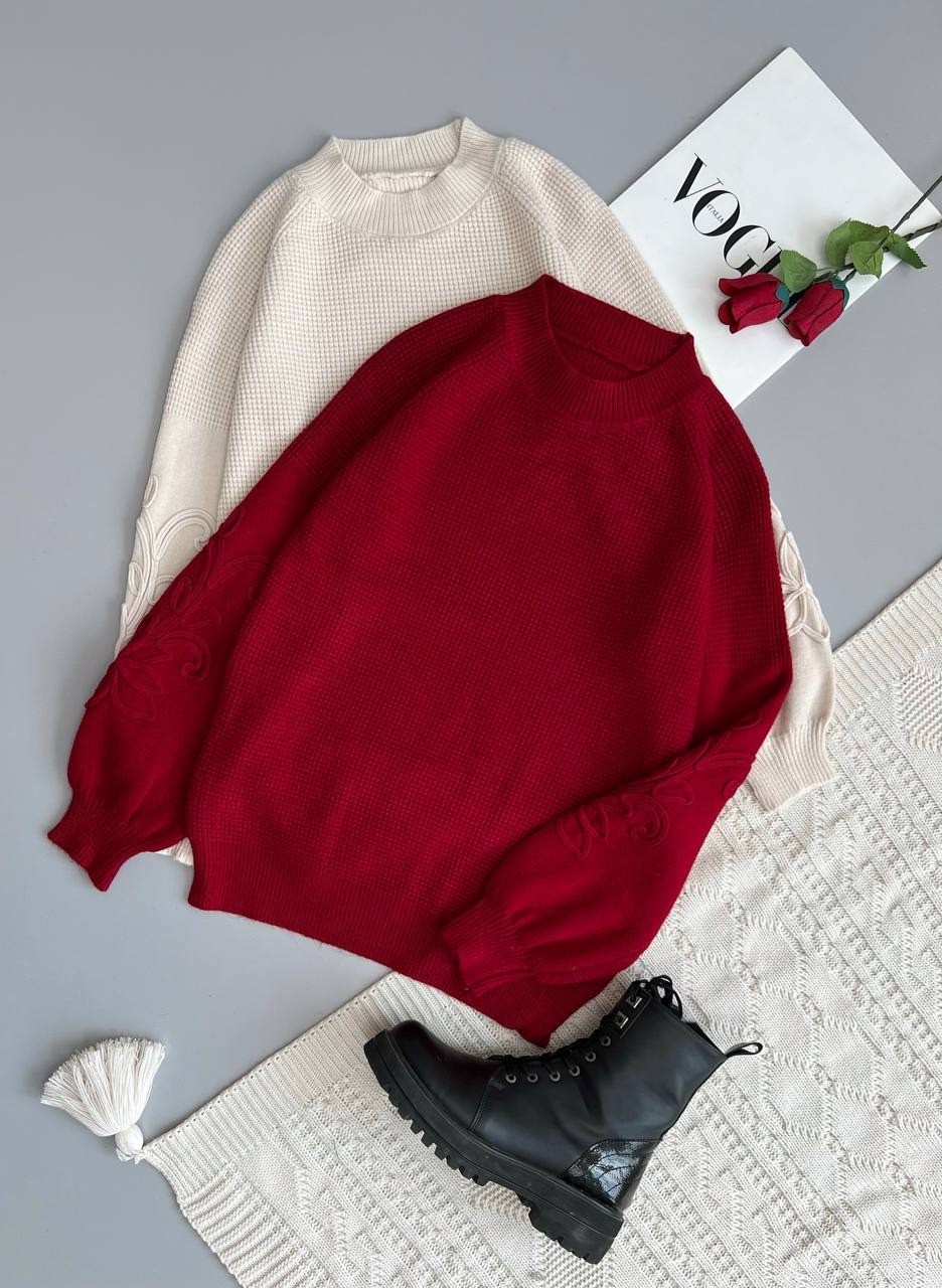 پلیور بافت آستین پف نوار دوزی کد 3066