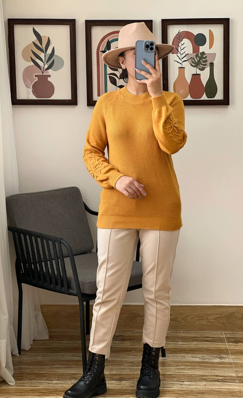 پلیور بافت آستین پف نوار دوزی کد 3066