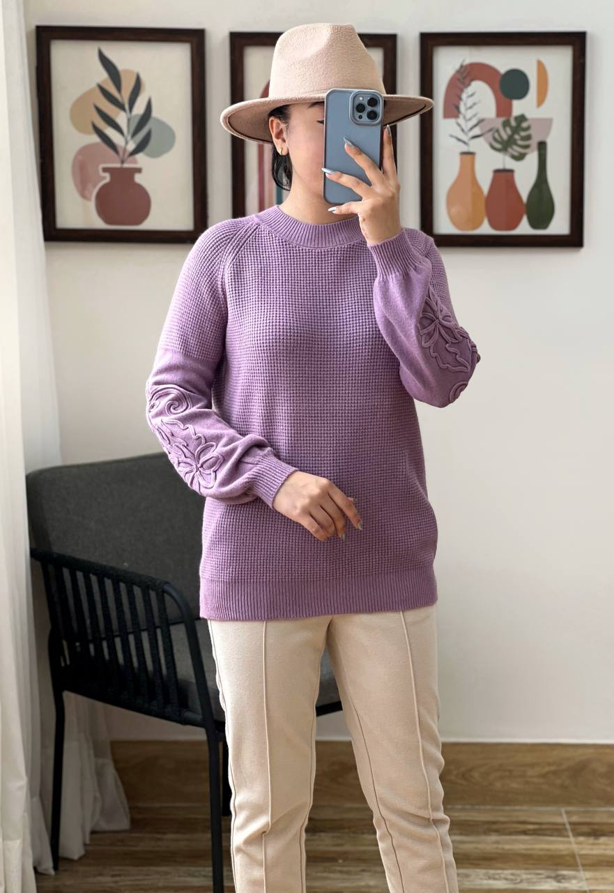 پلیور بافت آستین پف نوار دوزی کد 3066