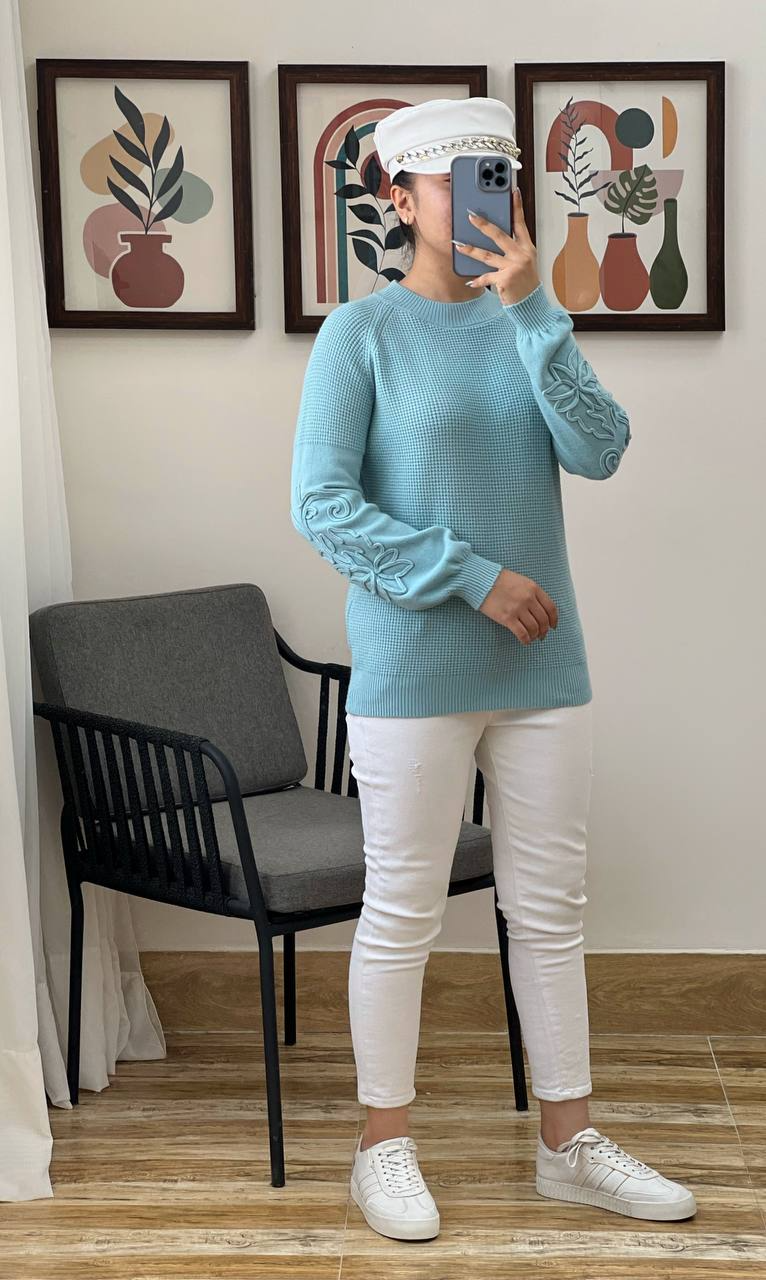 پلیور بافت آستین پف نوار دوزی کد 3066