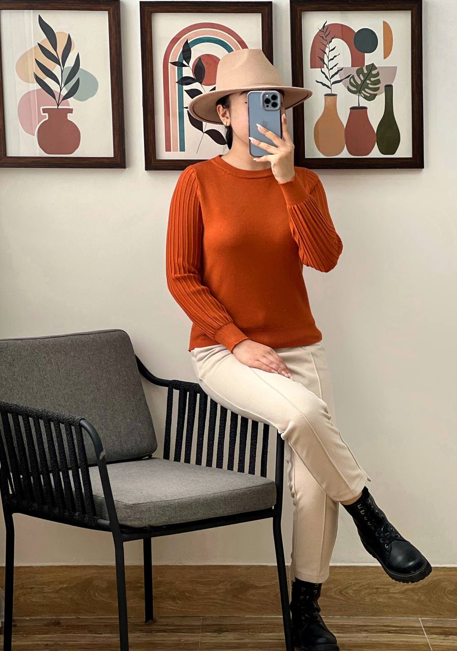 پلیور بافت آستین پلیسه مچ دار کد 3091