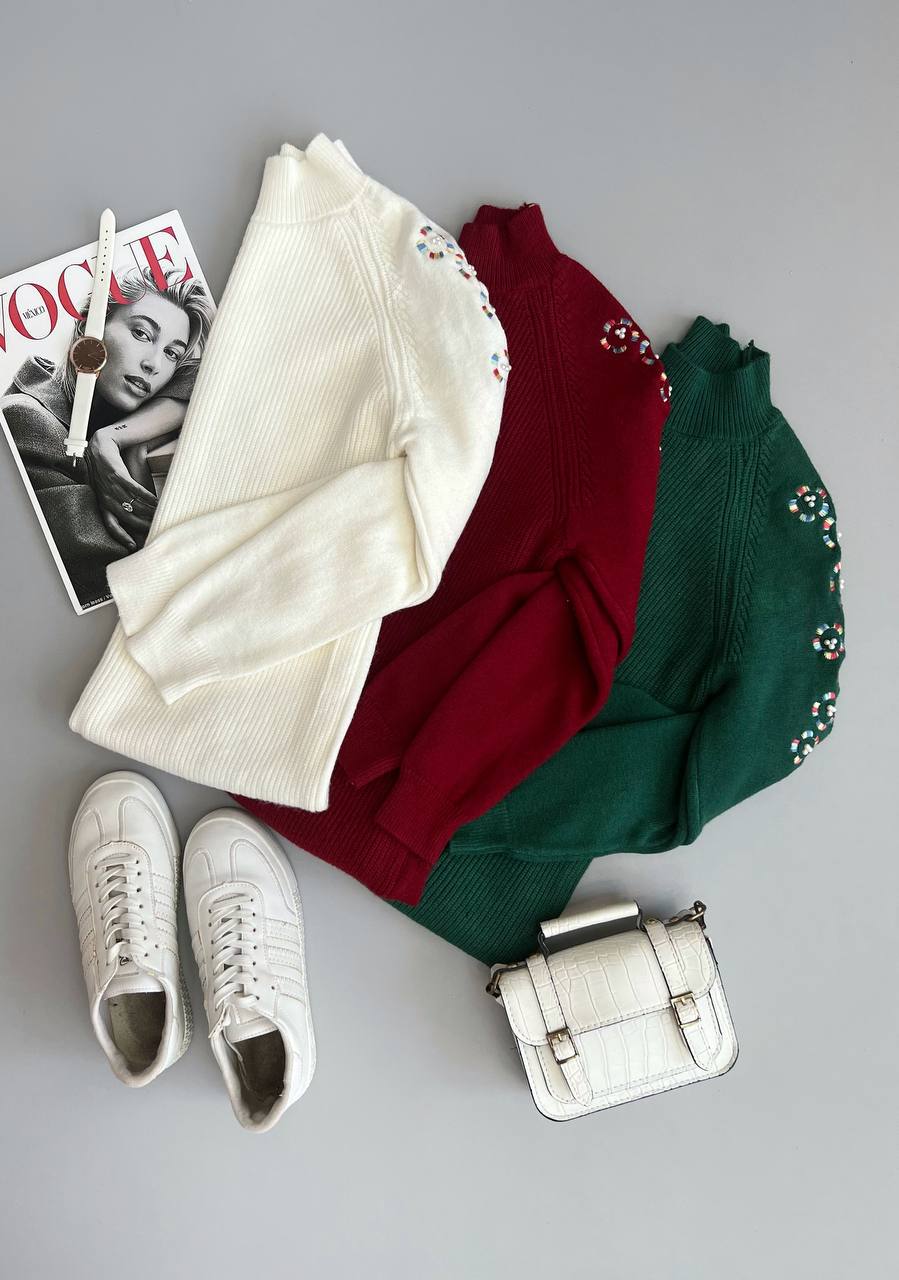 پلیور بافت استین گلدوزی و مروارید دوزی کد 3102