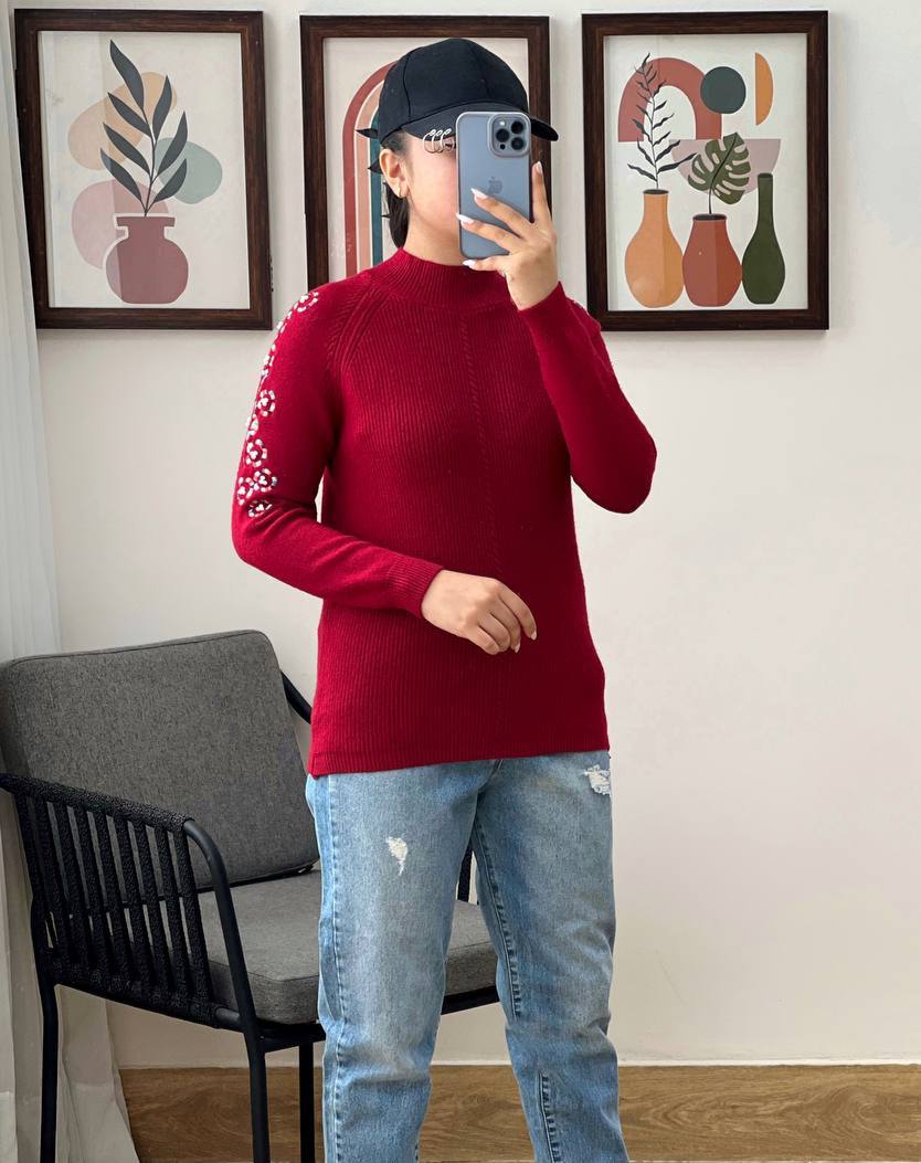 پلیور بافت استین گلدوزی و مروارید دوزی کد 3102