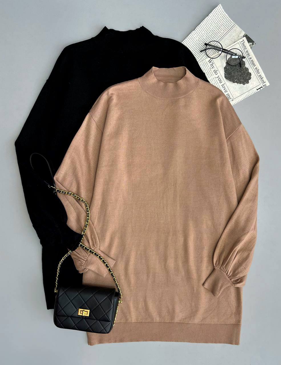 پیراهن بافت آستین پف دو رنگ کد 3121