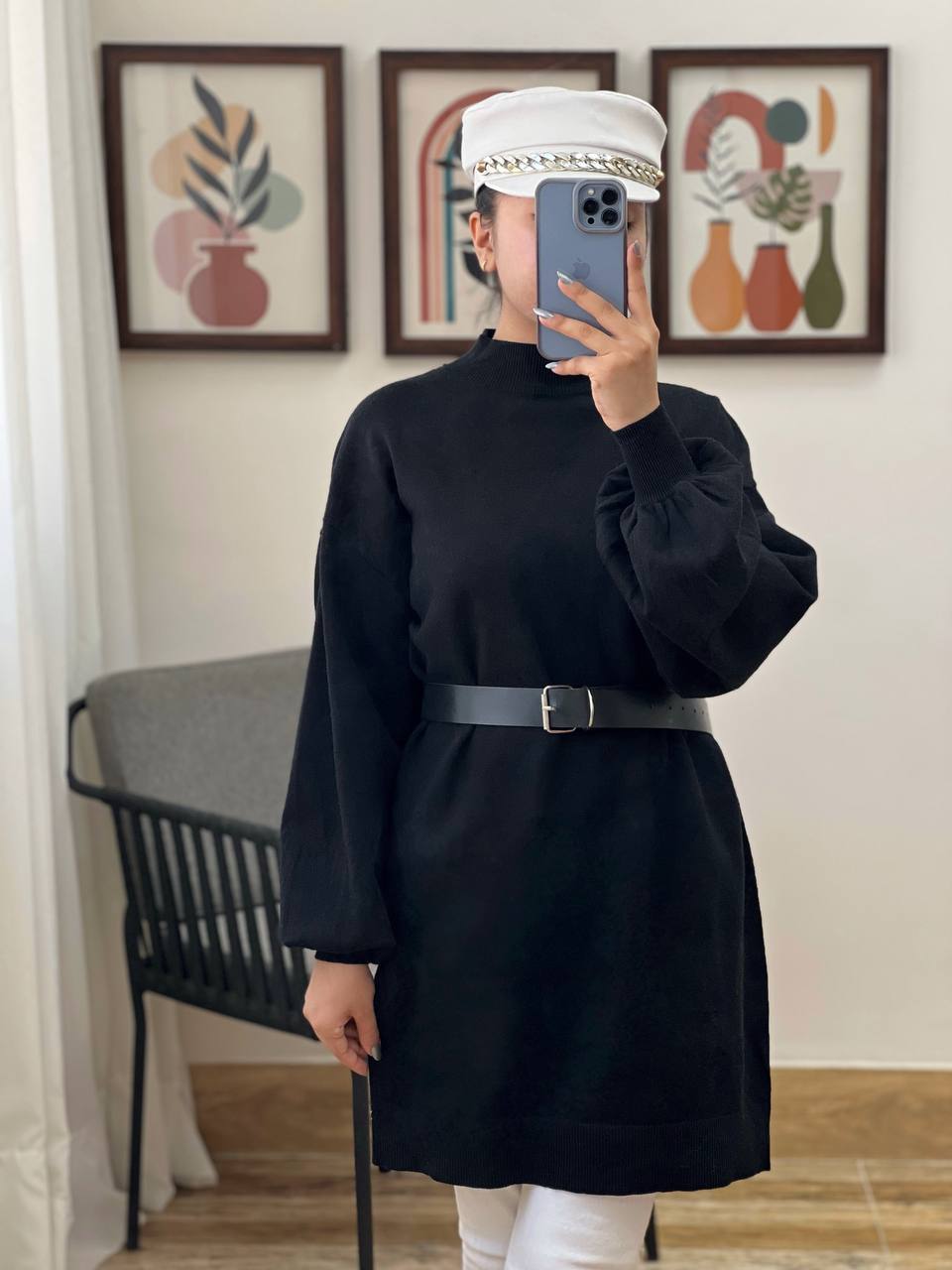 پیراهن بافت آستین پف دو رنگ کد 3121