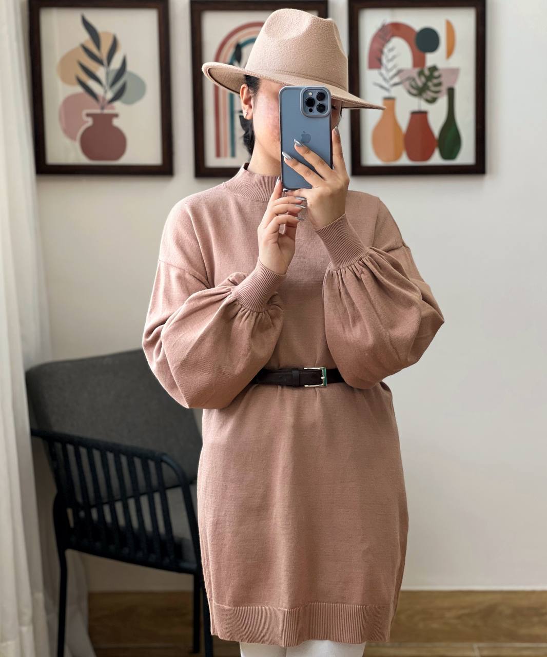 پیراهن بافت آستین پف دو رنگ کد 3121