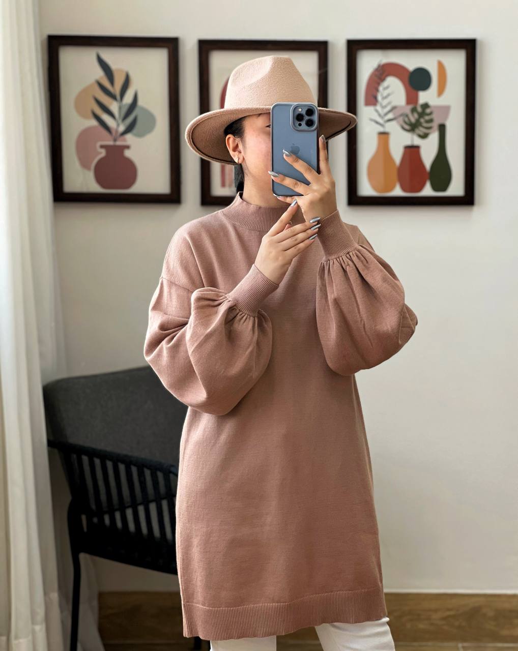 پیراهن بافت آستین پف دو رنگ کد 3121