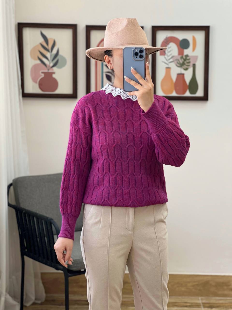 پلیور بافت یقه گیپور کد 3142