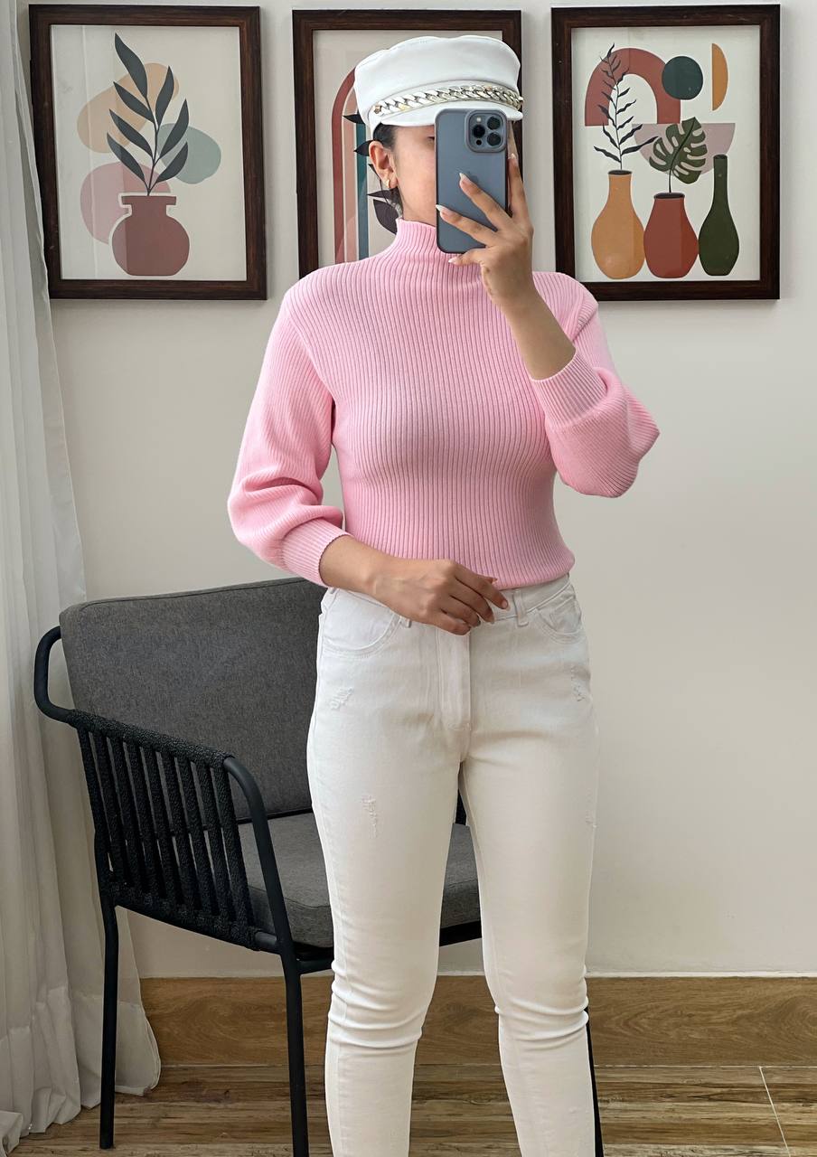 پلیور بافت آستین پف یقه ایستاده کد 3152