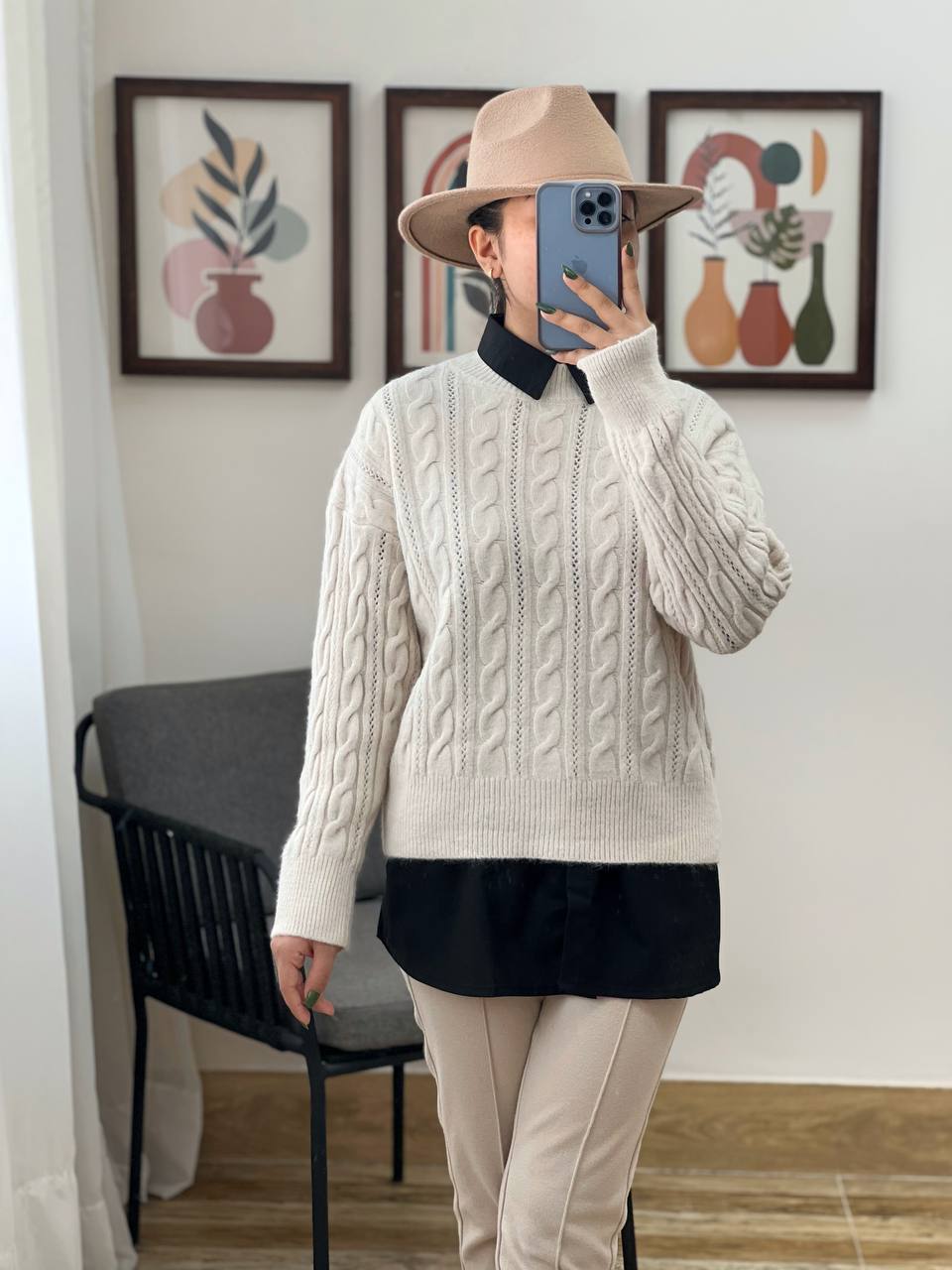 شومیز سفید/مشکی یقه مردانه کد 3170