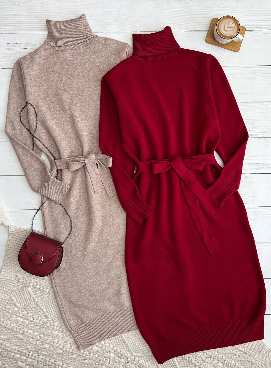 پیراهن بافت یقه اسکی کمربندی کد 3175