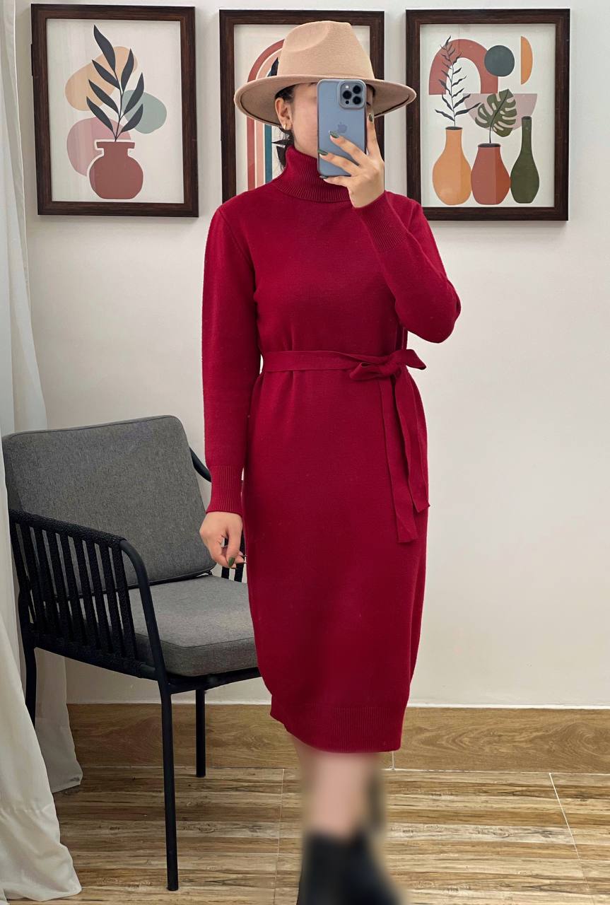 پیراهن بافت یقه اسکی کمربندی کد 3175