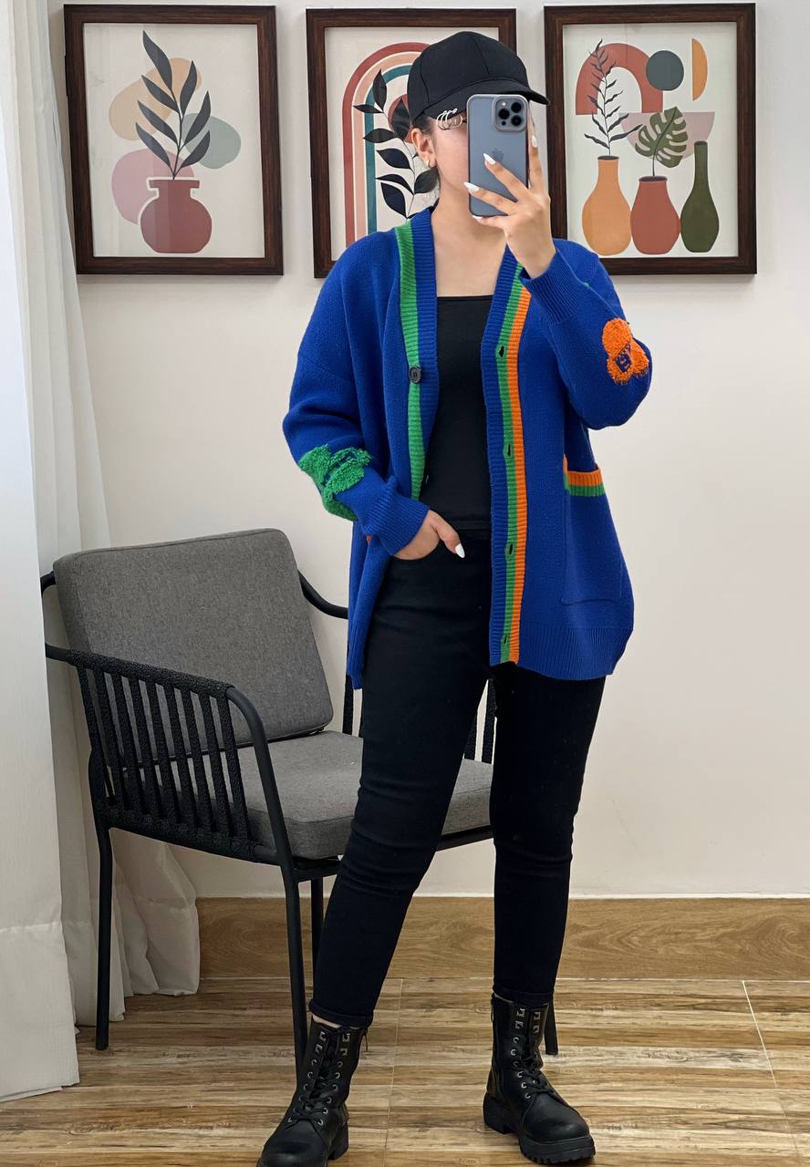 ژاکت بافت جلو دکمه دورنگ کد 3189