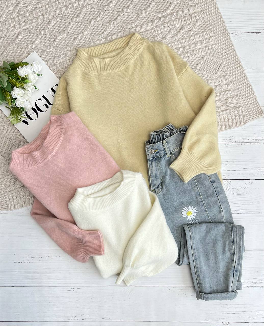 پلیور بافت آستین پف ساده کد 3195