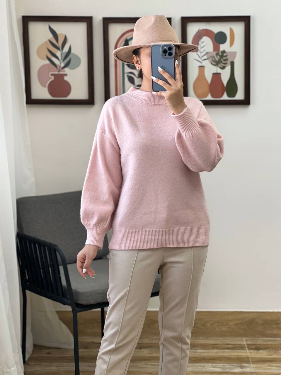 پلیور بافت آستین پف ساده کد 3195