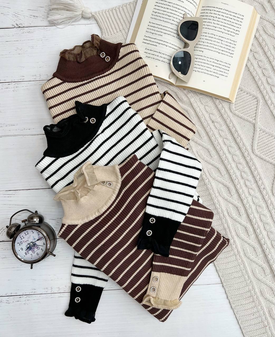 پلیور بافت راه راه سر آستین و یقه دکمه کد 3224