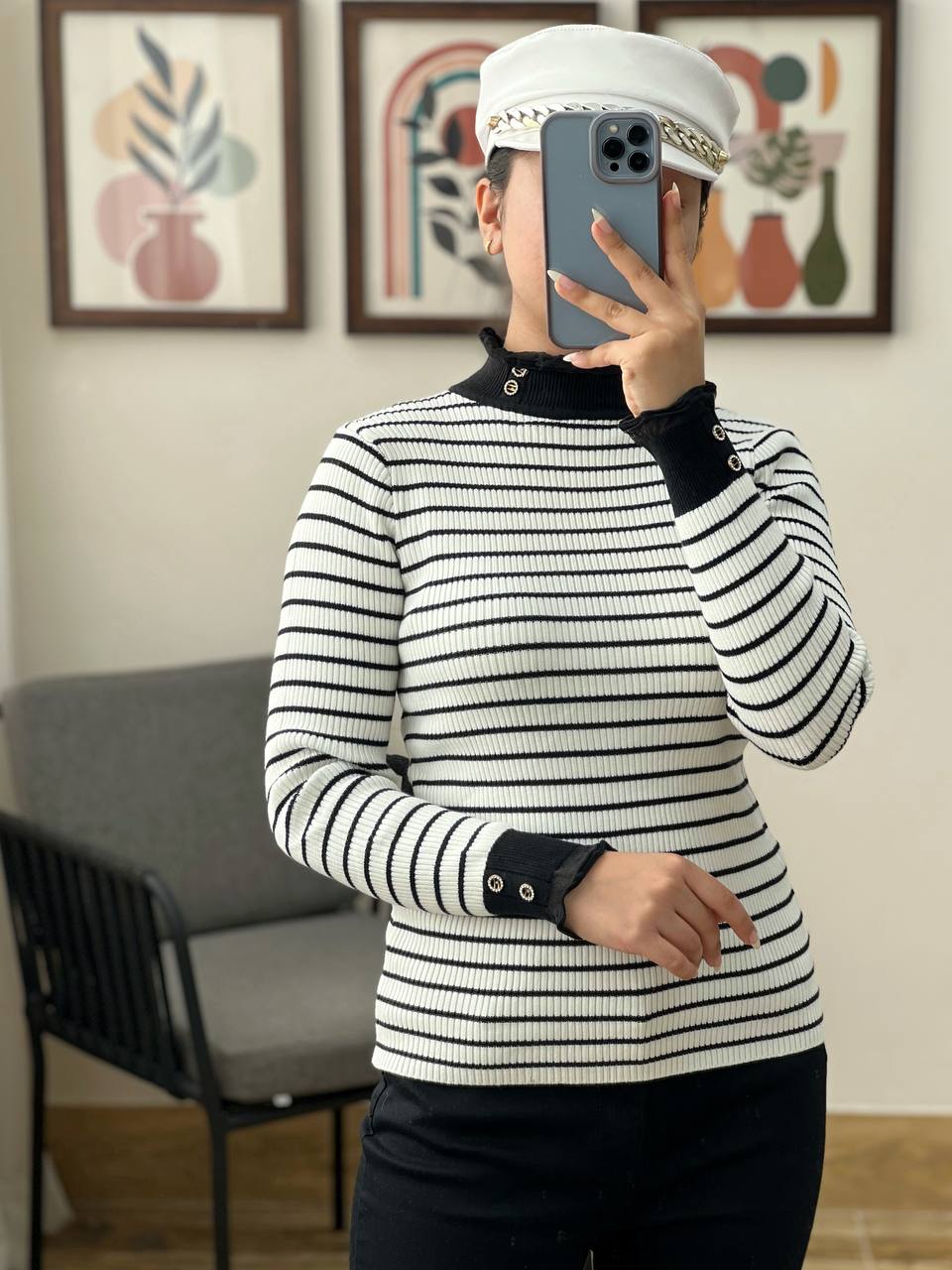 پلیور بافت راه راه سر آستین و یقه دکمه کد 3224