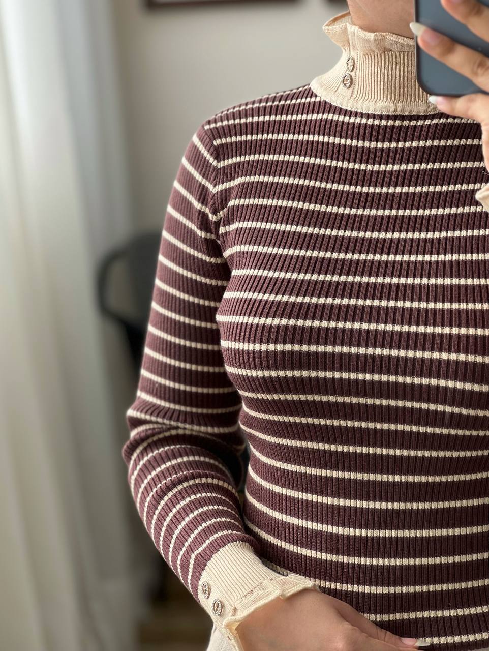 پلیور بافت راه راه سر آستین و یقه دکمه کد 3224