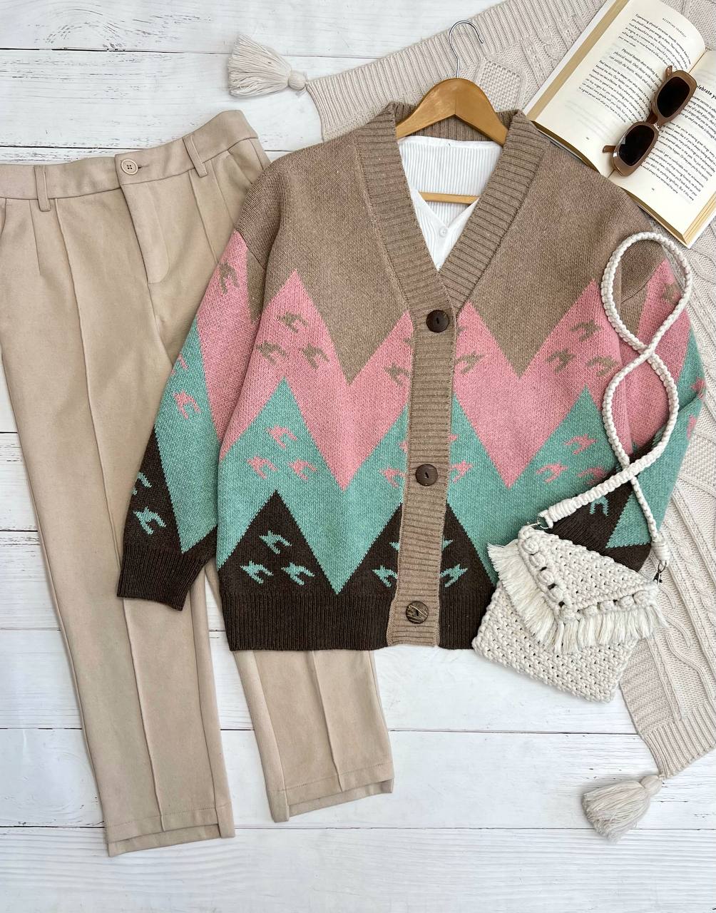 ژاکت بافت رنگی جلو دکمه کد 3228