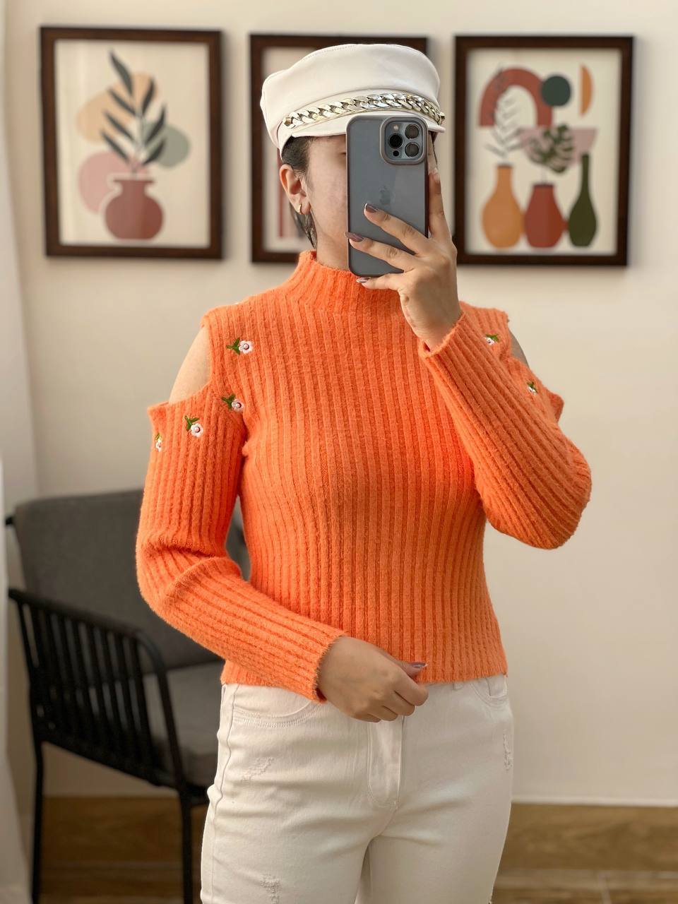 پلیور بافت سرشانه باز گلدوزی شده کد 3246