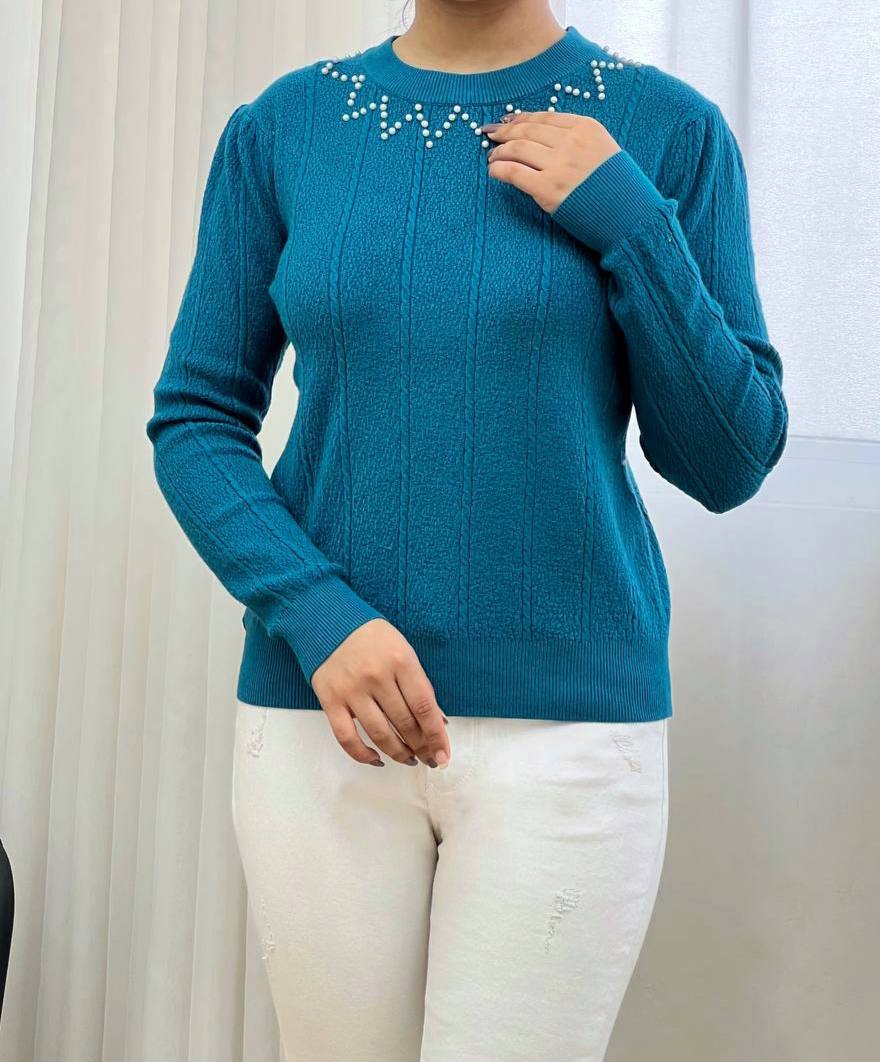 پلیور بافت یقه مروارید گل برجسته کد 3249