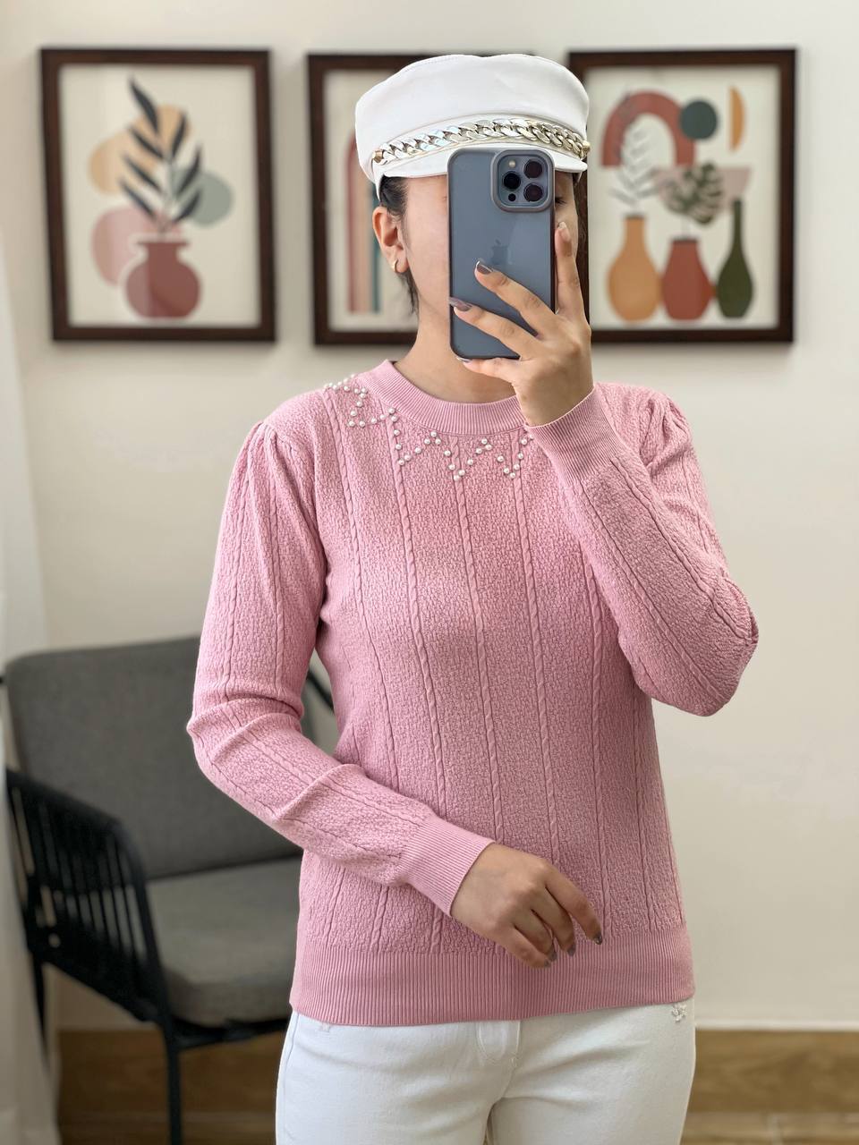 پلیور بافت یقه مروارید گل برجسته کد 3249