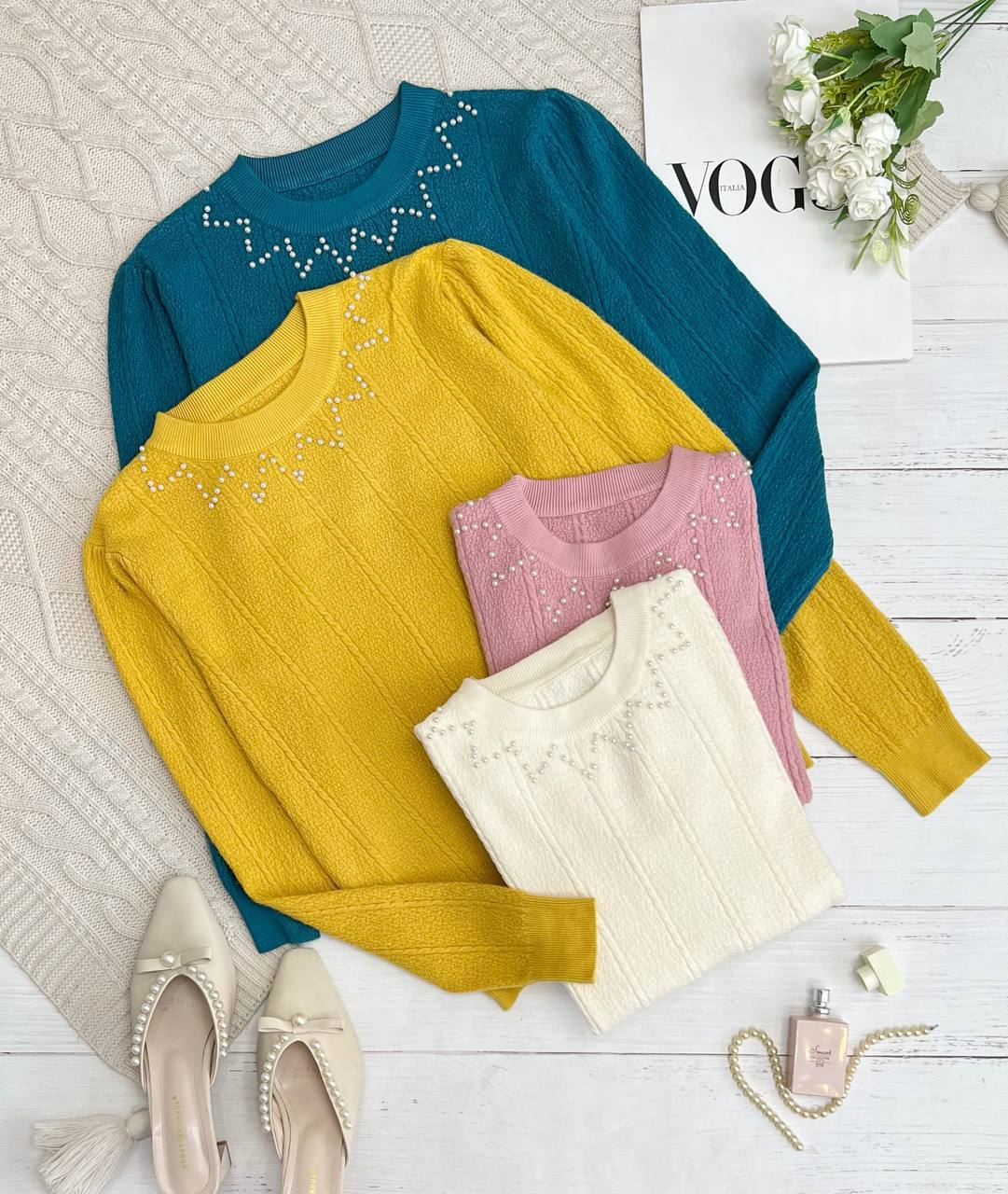 پلیور بافت یقه مروارید گل برجسته کد 3249