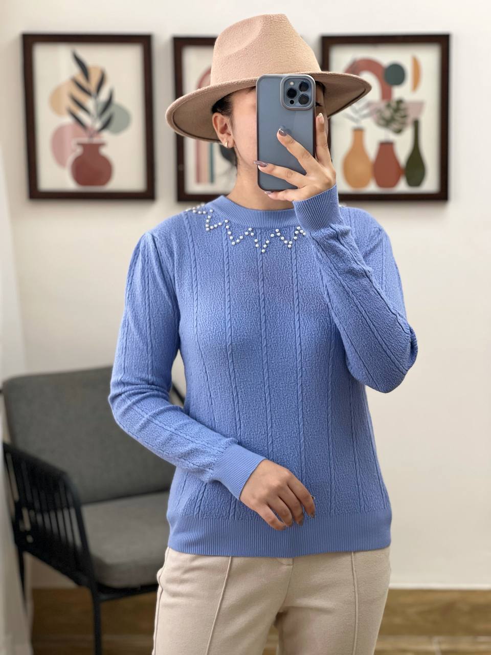 پلیور بافت یقه مروارید گل برجسته کد 3249