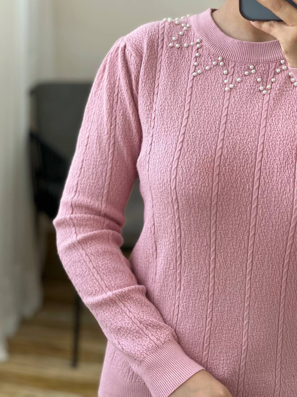 پلیور بافت یقه مروارید گل برجسته کد 3249