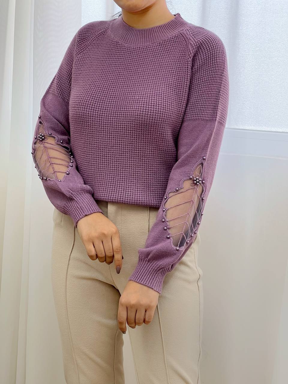 پلیور بافت آستین تور و مروارید کد 3255