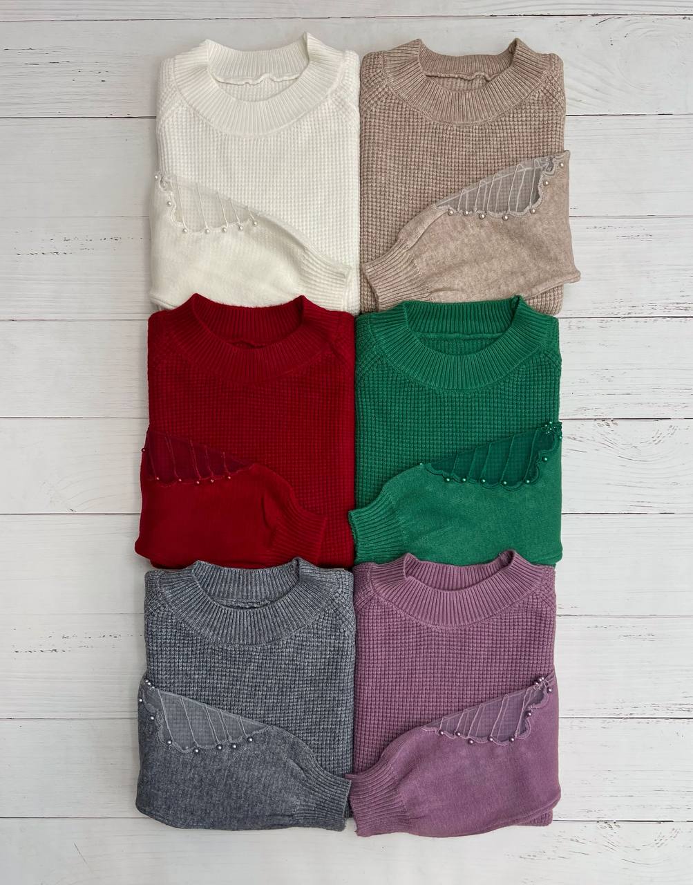 پلیور بافت آستین تور و مروارید کد 3255