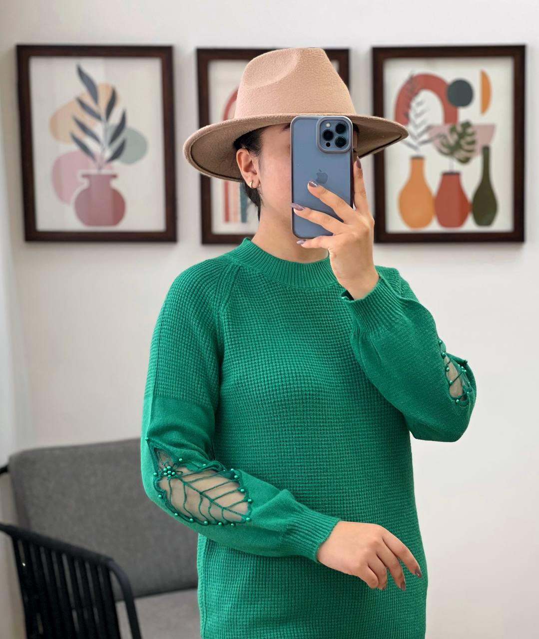 پلیور بافت آستین تور و مروارید کد 3255