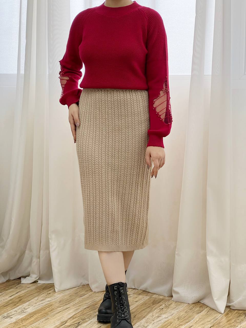 پلیور بافت آستین تور و مروارید کد 3255