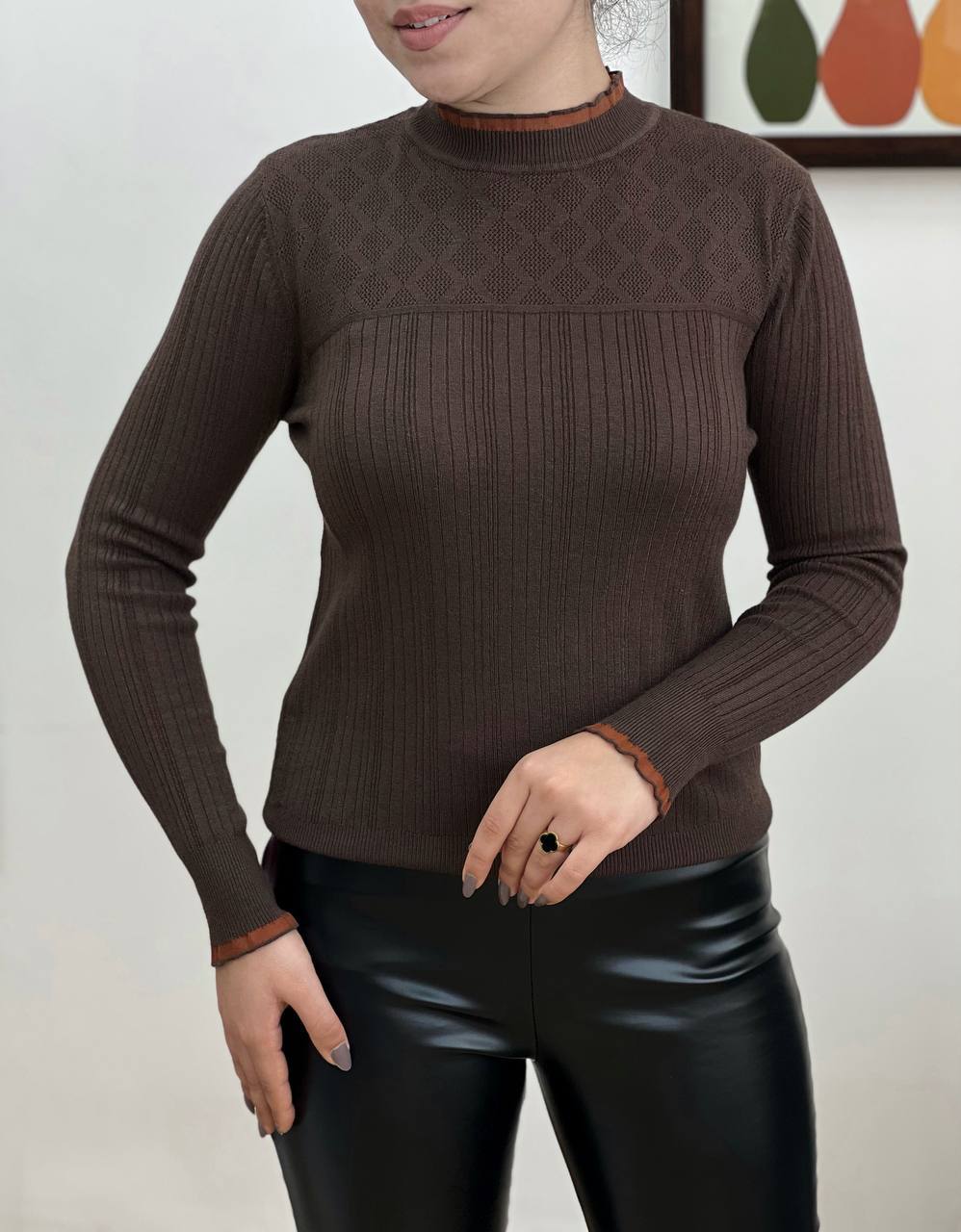 پلیور بافت یقه و سرآستین چین کد 3261