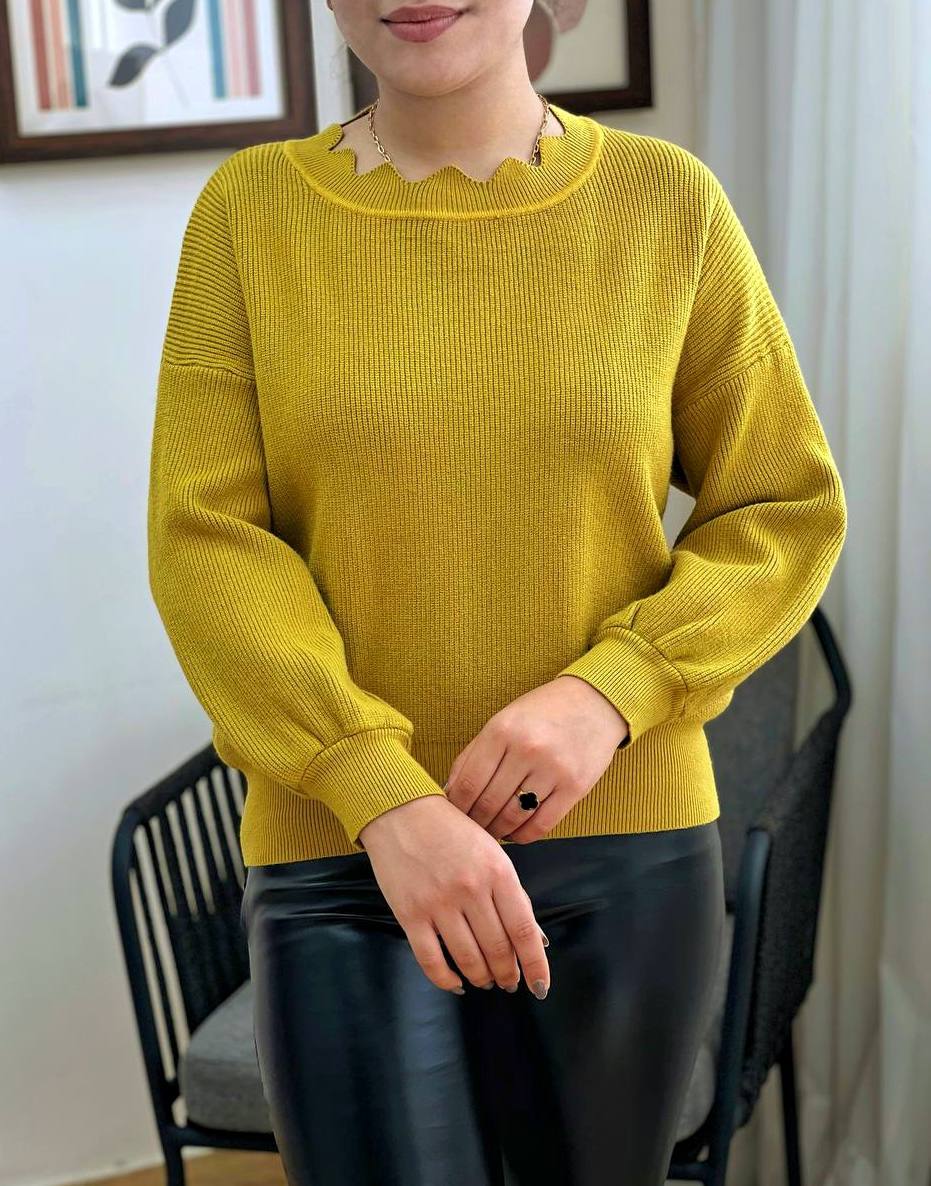 پلیور بافت آستین پف یقه موج کد 3262