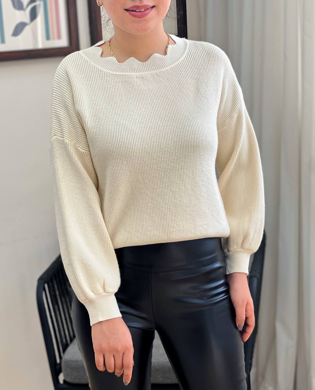 پلیور بافت آستین پف یقه موج کد 3262