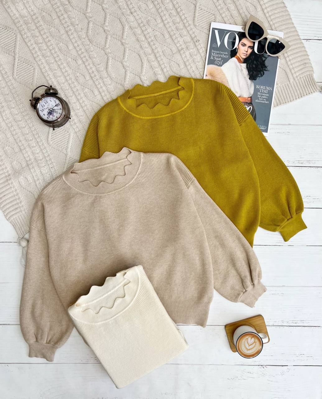 پلیور بافت آستین پف یقه موج کد 3262