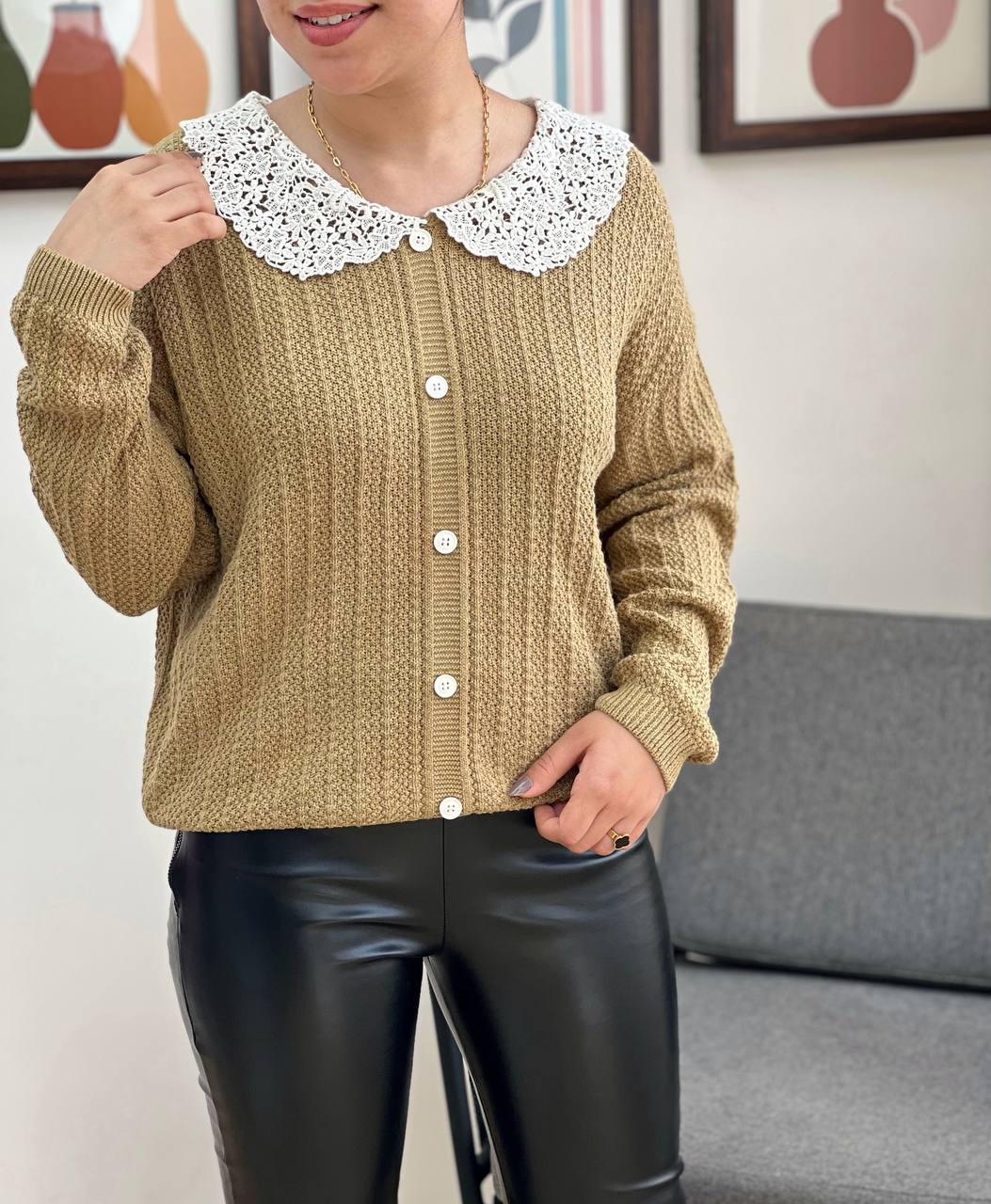 پلیور بافت یقه گیپور نما دکمه کد 3265