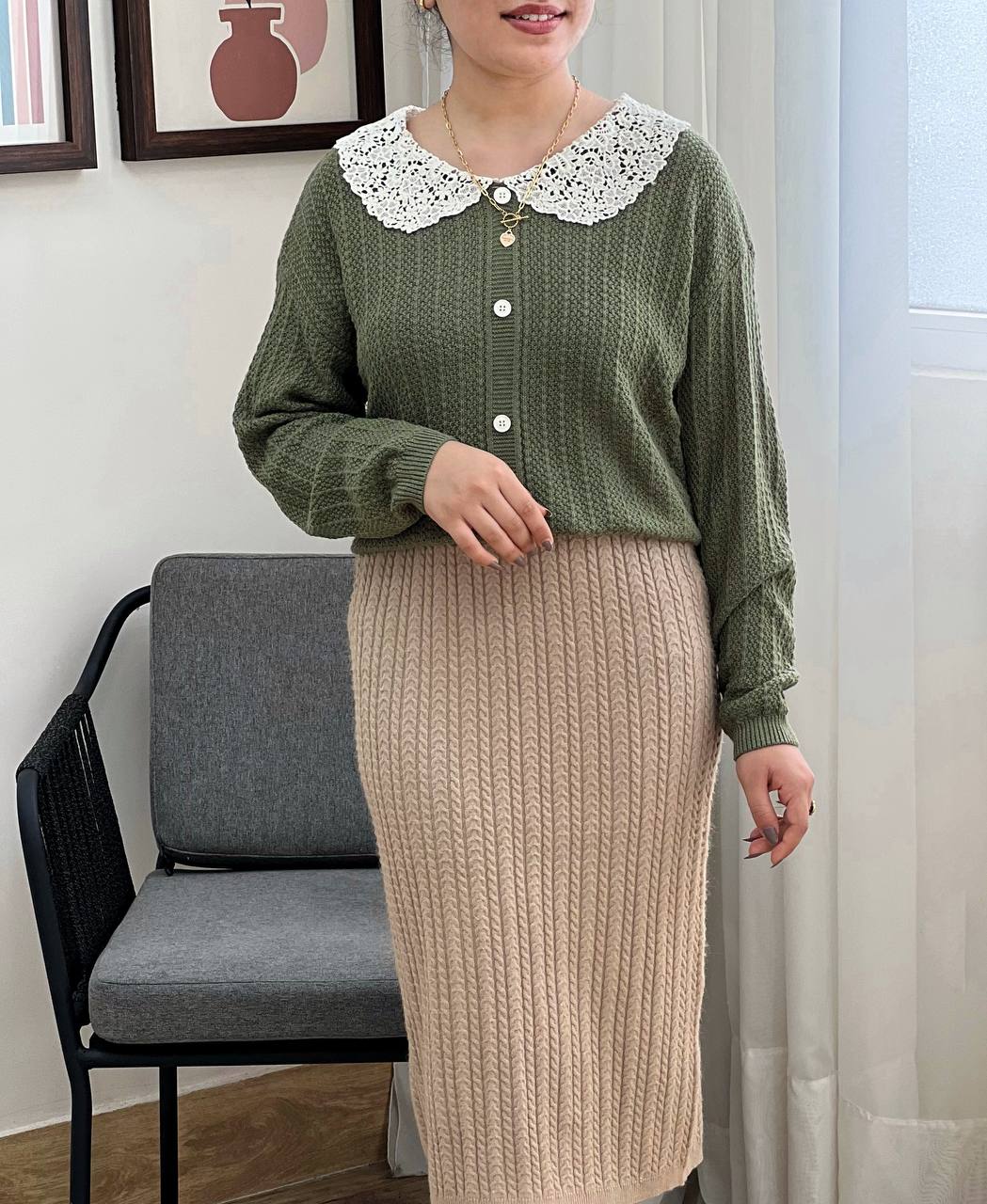 پلیور بافت یقه گیپور نما دکمه کد 3265