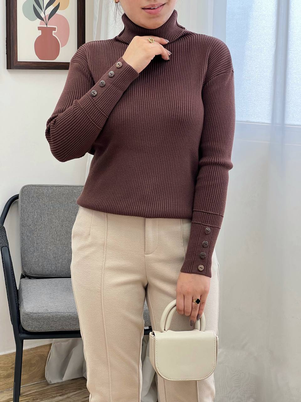 پلیور بافت یقه اسکی سرآستین دکمه کد 3272